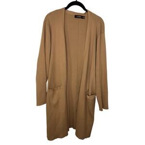 Ralph Lauren Open Front Long Cardigan Plus 2X Ribbed Tan Neutral Pockets Cotton